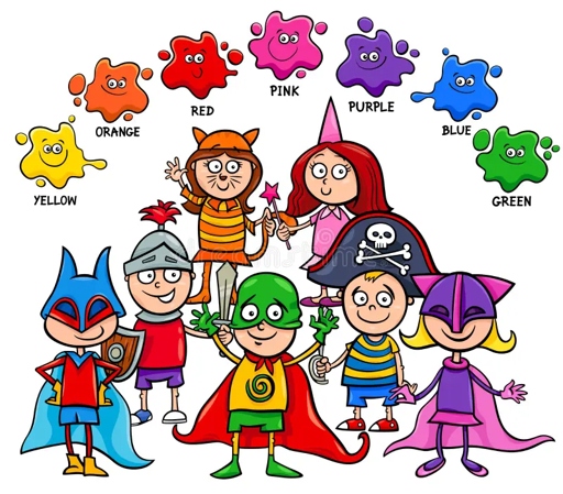 Children in colorful dress-up and superhero costumes with paint-splash color names